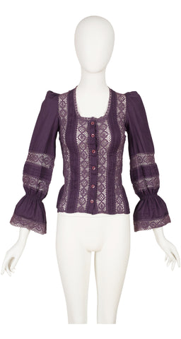 1971 Documented Crochet Inset Purple Cotton Blouse