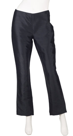 1990s Black Raw Silk Back Slit Trousers