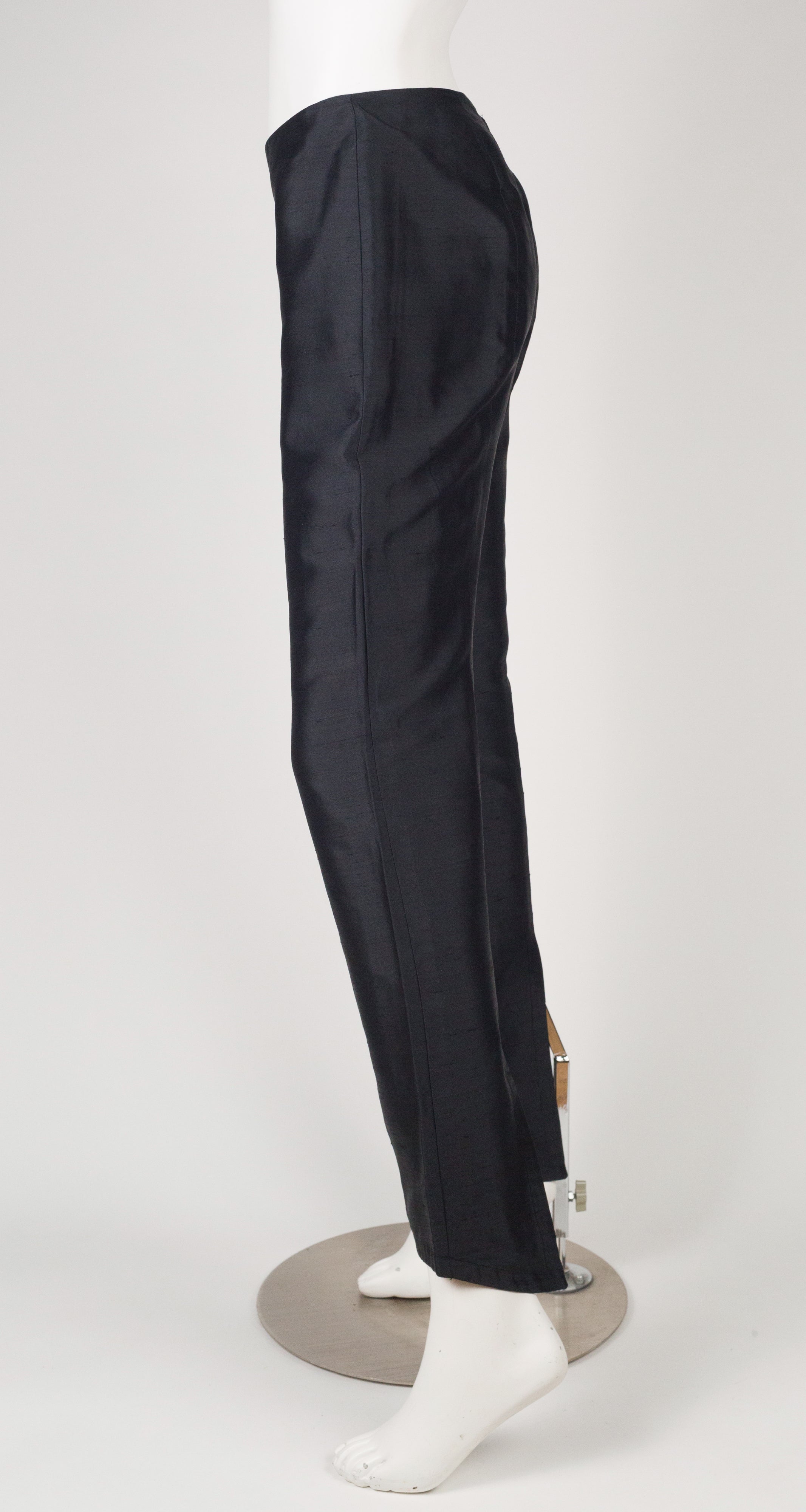 1990s Black Raw Silk Back Slit Trousers
