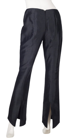 1990s Black Raw Silk Back Slit Trousers