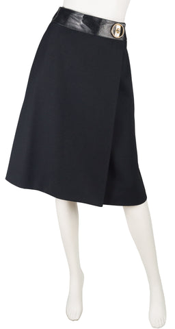 1971 Documented Mod Black Wool & Leather Skirt