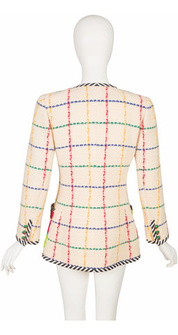 1993 S/S Hibiscus Silk Plaid Cream Wool Double-Breasted Jacket
