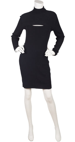 1980s Cut-Out Black Ribbed Wool Bodycon Dress