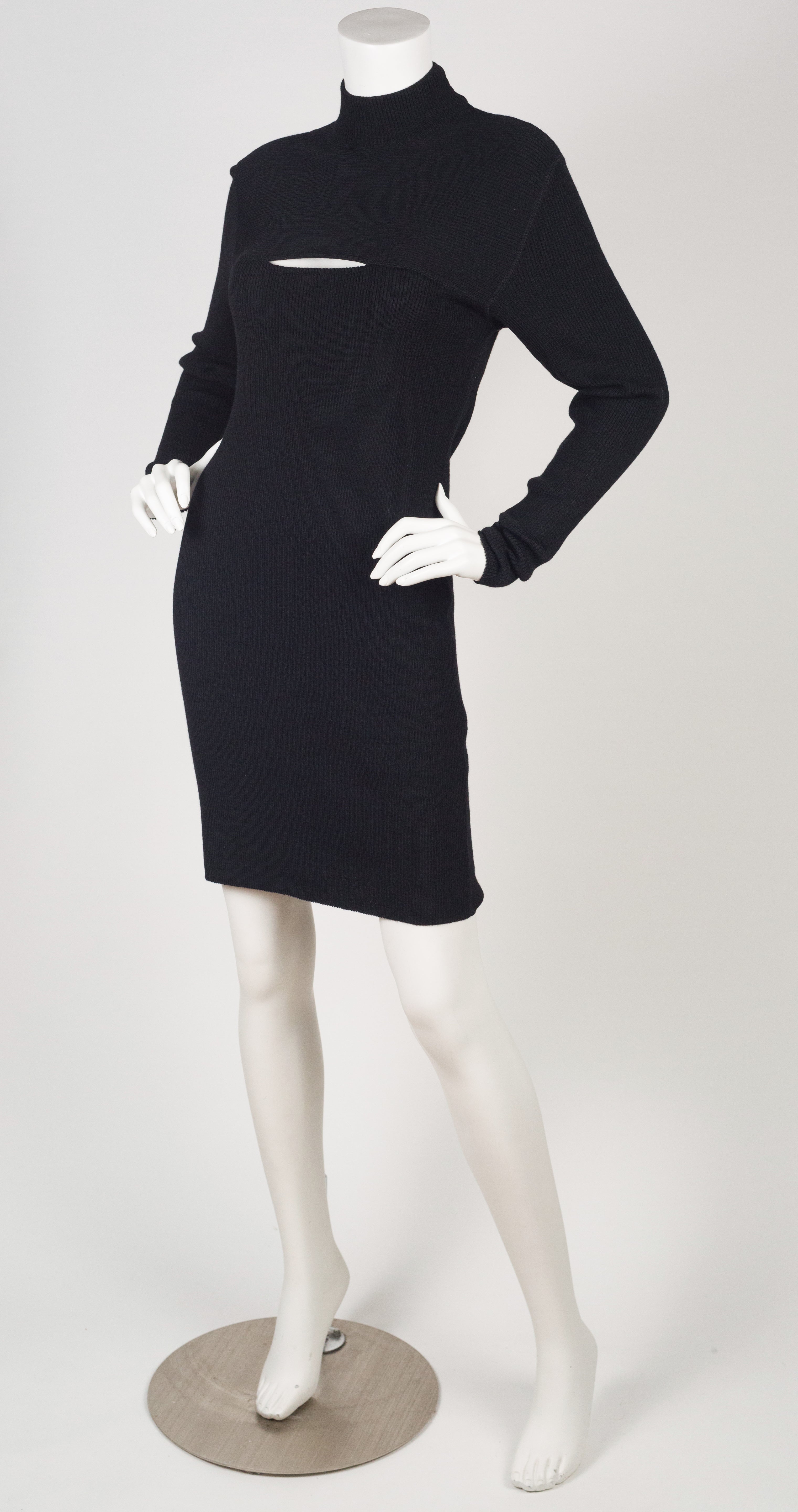 1980s Cut-Out Black Ribbed Wool Bodycon Dress