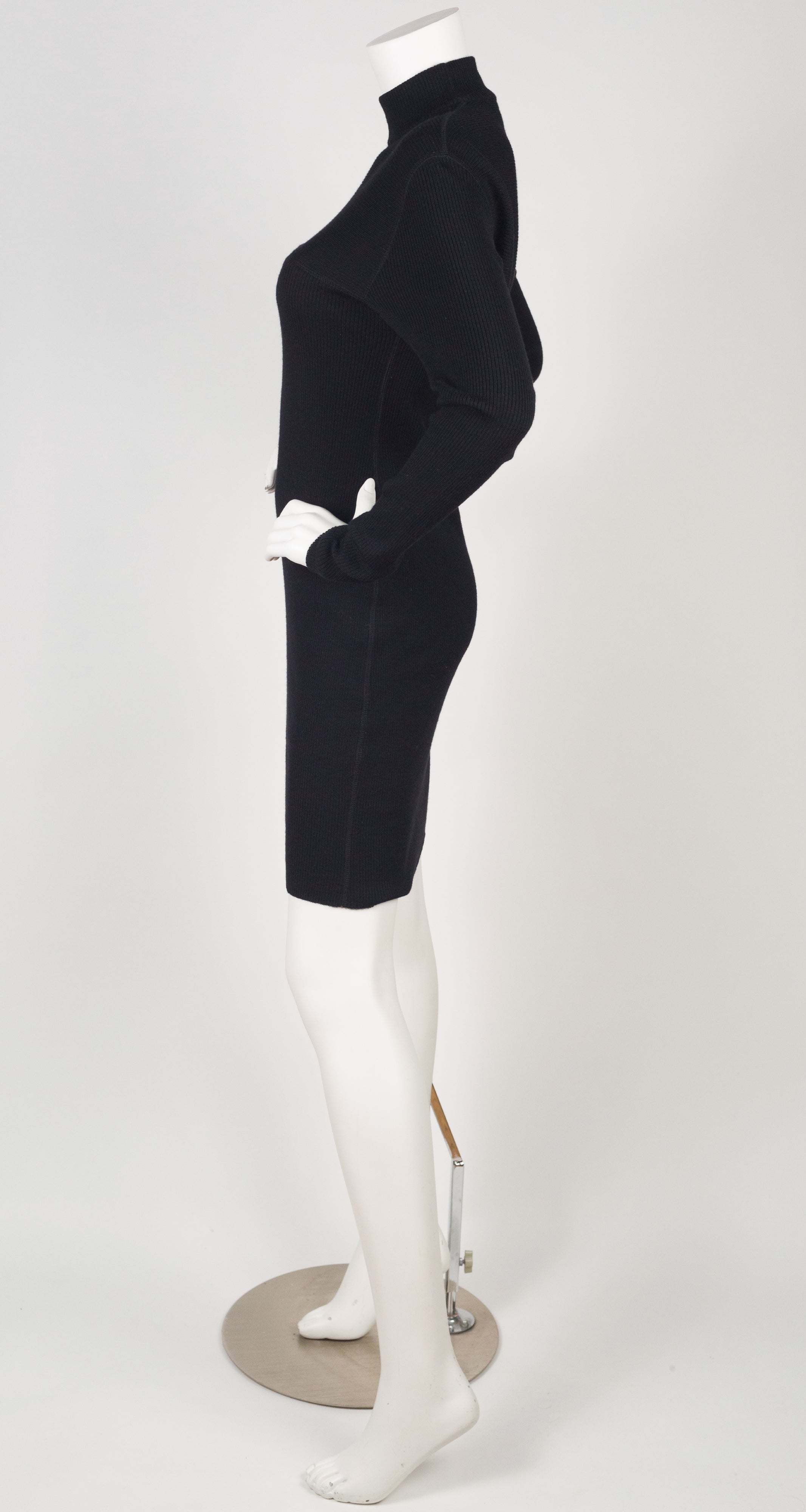 1980s Cut-Out Black Ribbed Wool Bodycon Dress