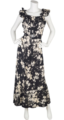1930s French Black & Cream Floral Silk Crepe Gown