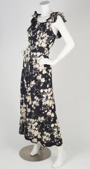 1930s French Black & Cream Floral Silk Crepe Gown