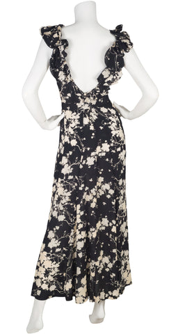 1930s French Black & Cream Floral Silk Crepe Gown