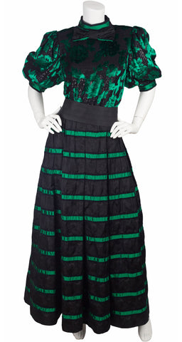 1980s Green & Black Silk Devore Gown