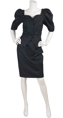 1980s Black Polka-Dot Peplum Linen Skirt Suit