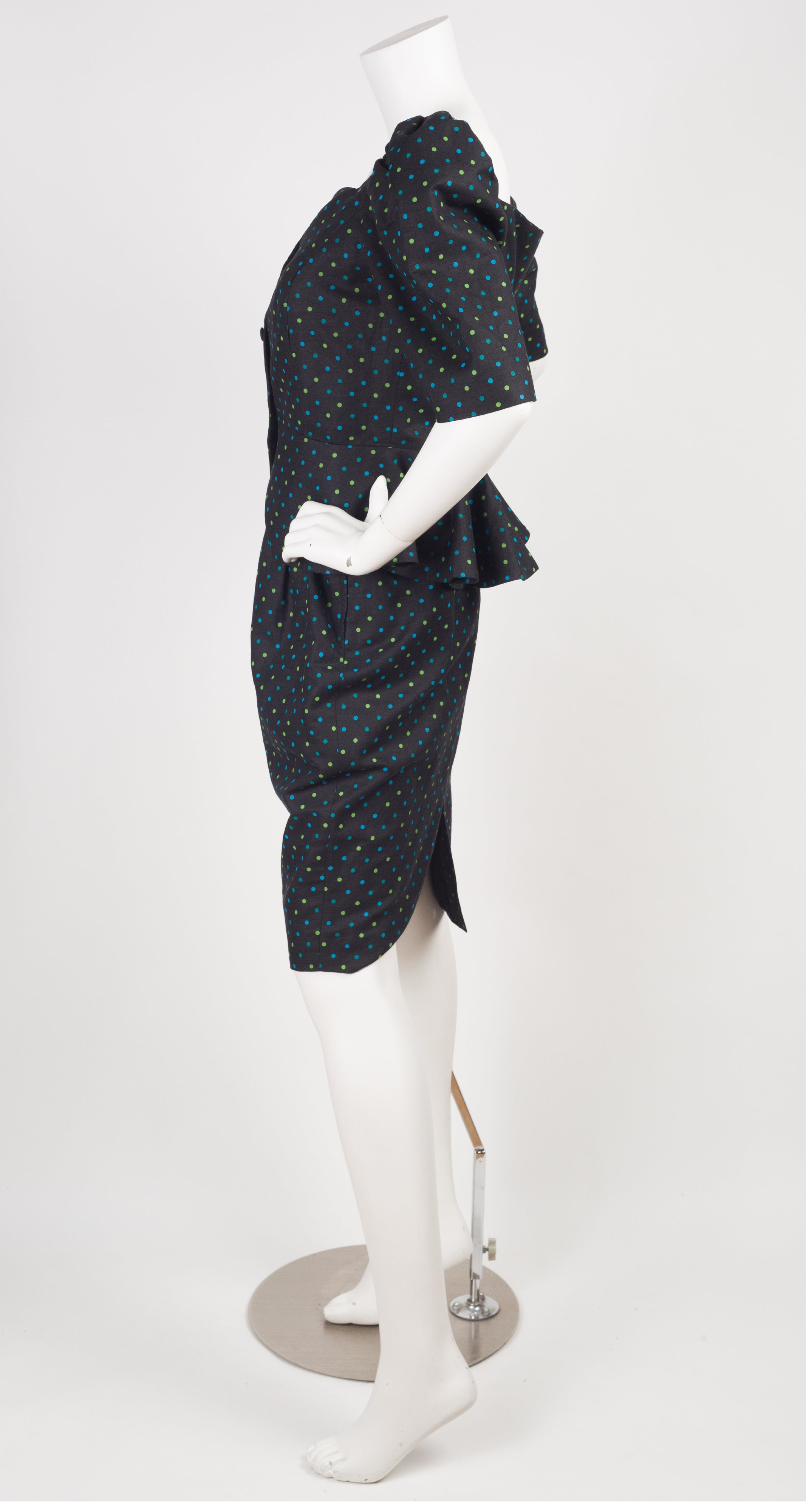 1980s Black Polka-Dot Peplum Linen Skirt Suit