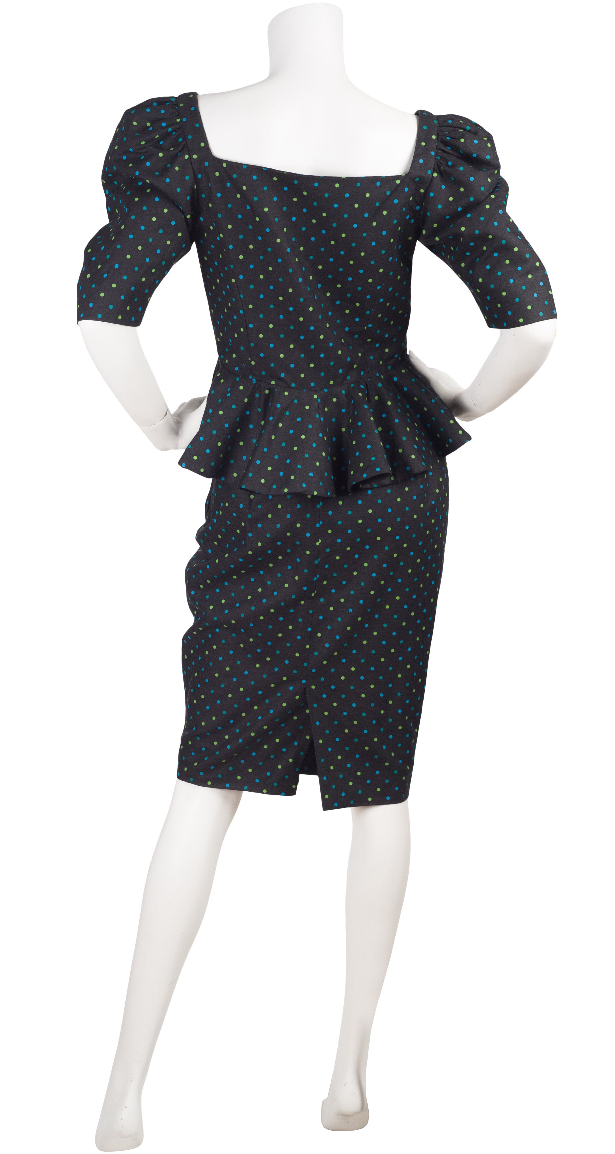 1980s Black Polka-Dot Peplum Linen Skirt Suit
