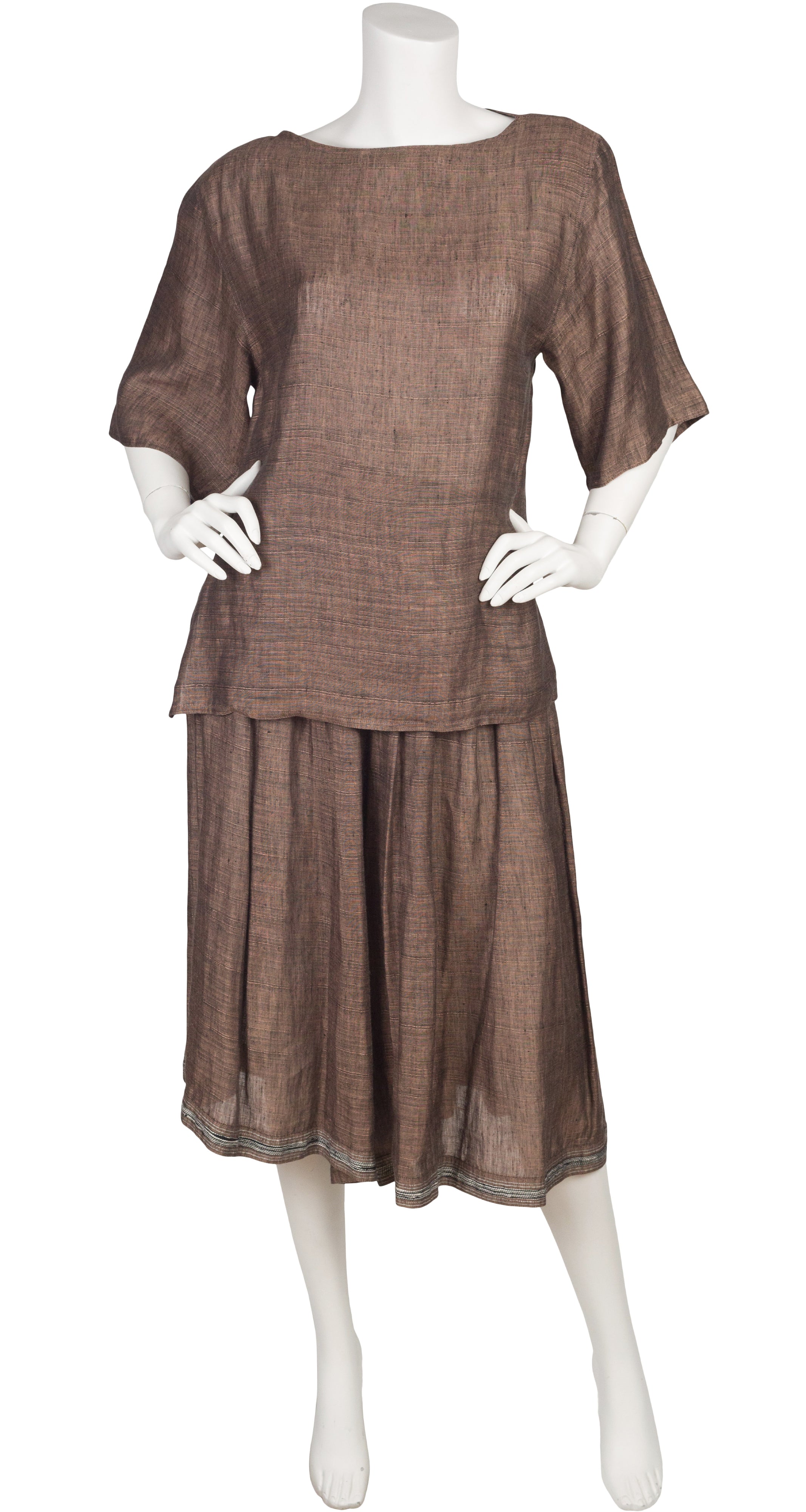 1980s Brown Linen Three-Piece Culottes Outfit