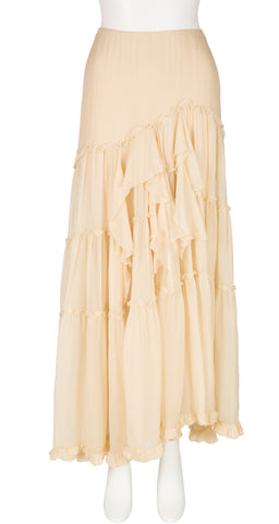 1990s Cream Silk Chiffon Tiered Ruffle Skirt