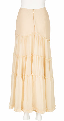 1990s Cream Silk Chiffon Tiered Ruffle Skirt