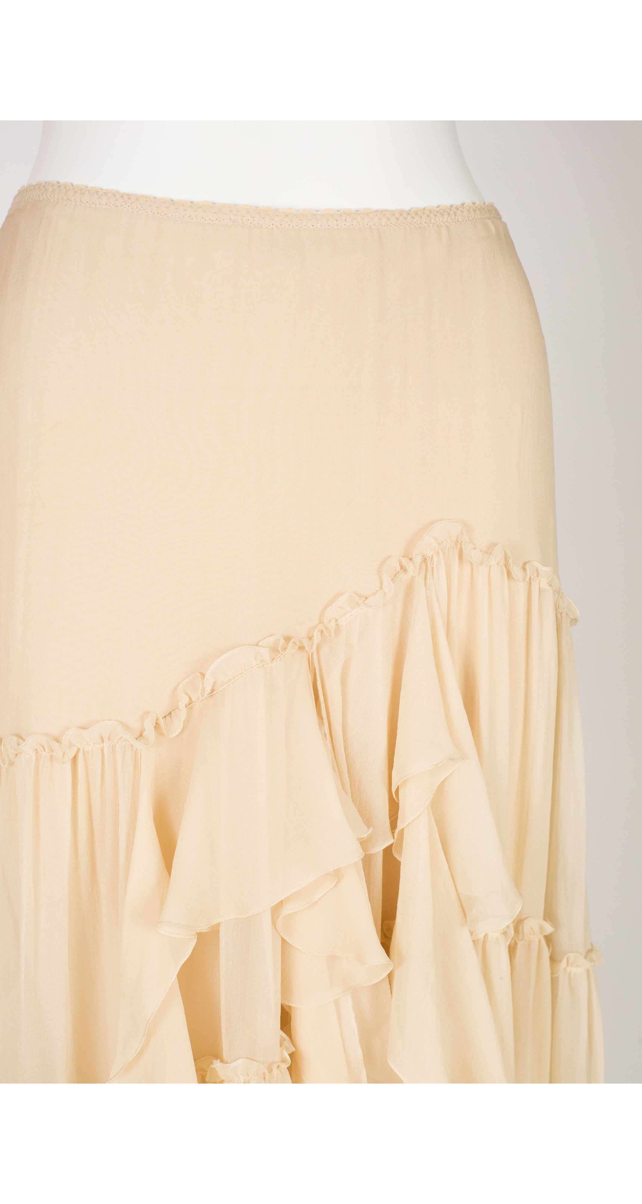 1990s Cream Silk Chiffon Tiered Ruffle Skirt