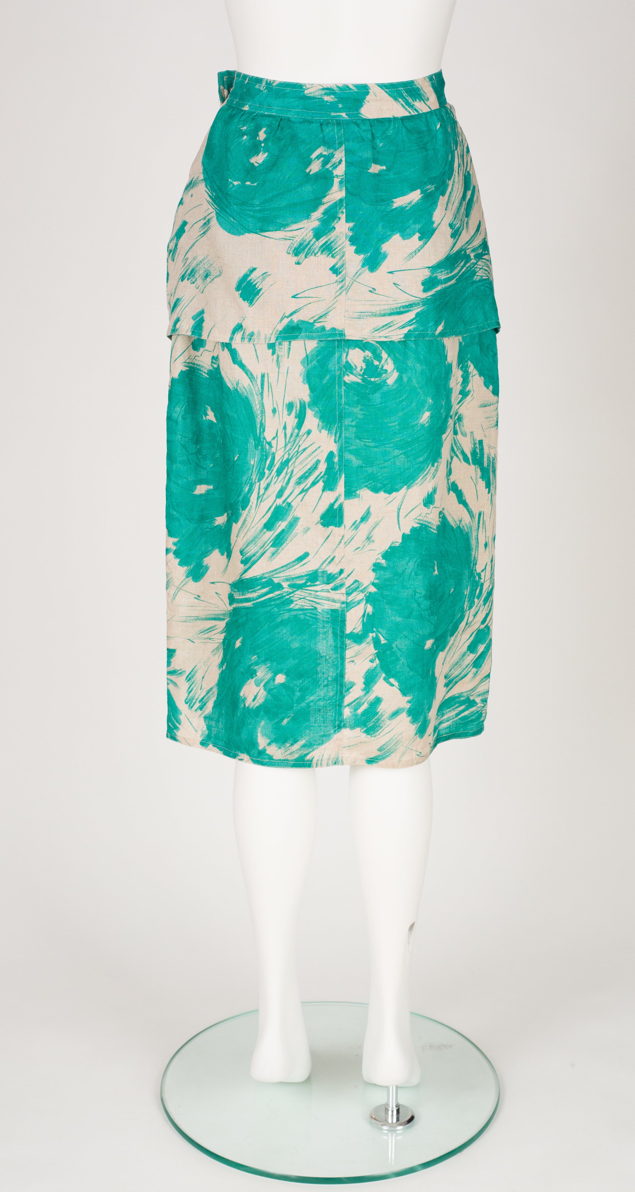 1980s Teal Graphic Linen Blouse & Skirt Set