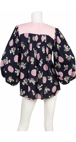 1970s Bouquet Novelty Print Billowing Sleeve Blouse