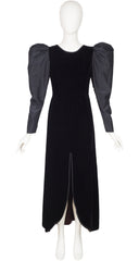 1970s Black Silk Taffeta Leg o' Mutton Sleeve Velvet Gown