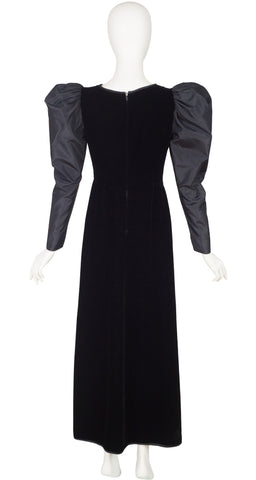 1970s Black Silk Taffeta Leg o' Mutton Sleeve Velvet Gown
