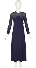 1970s Navy Silk Chiffon Ribbed Wool Evening Dress