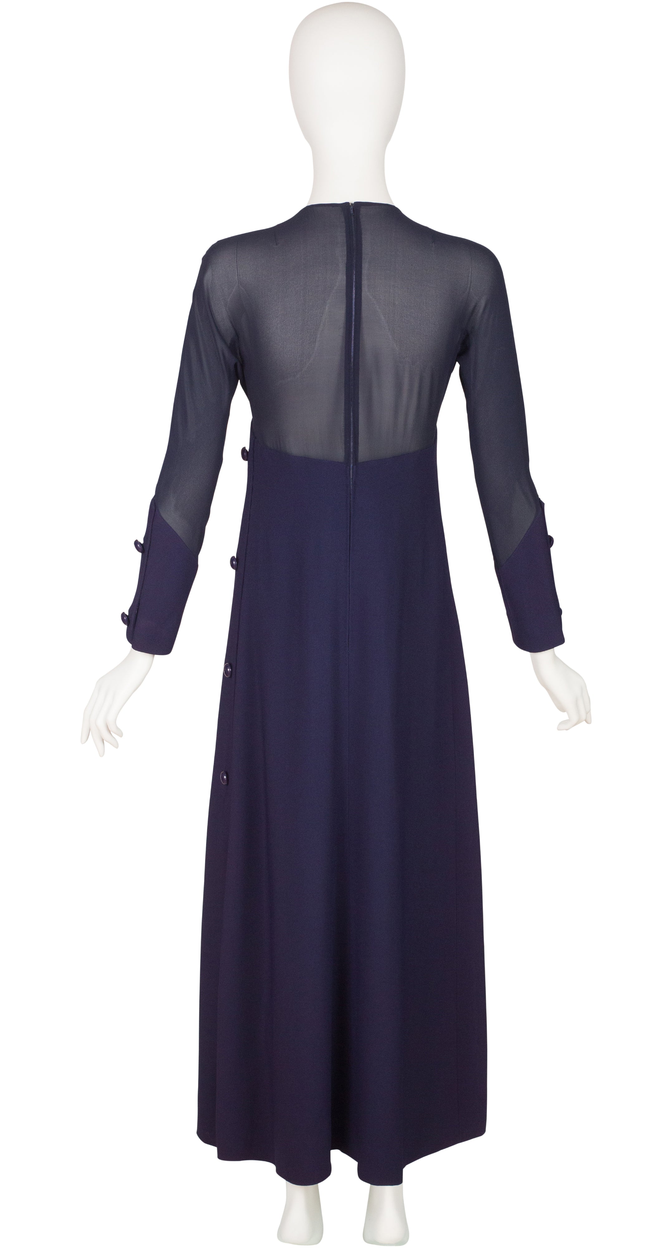 1970s Navy Silk Chiffon Ribbed Wool Evening Dress