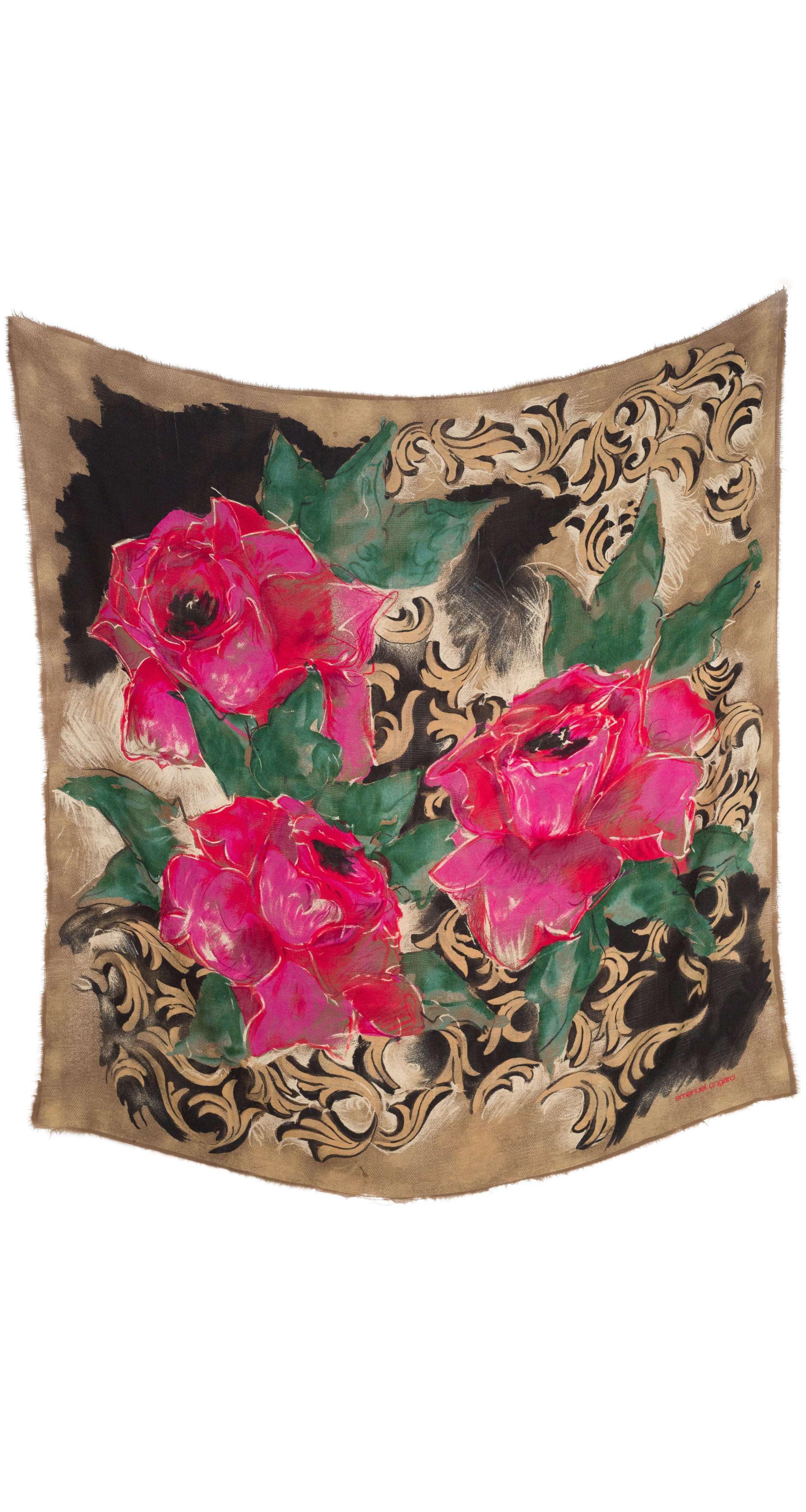 1980s Huge Rose Print Wool Shawl