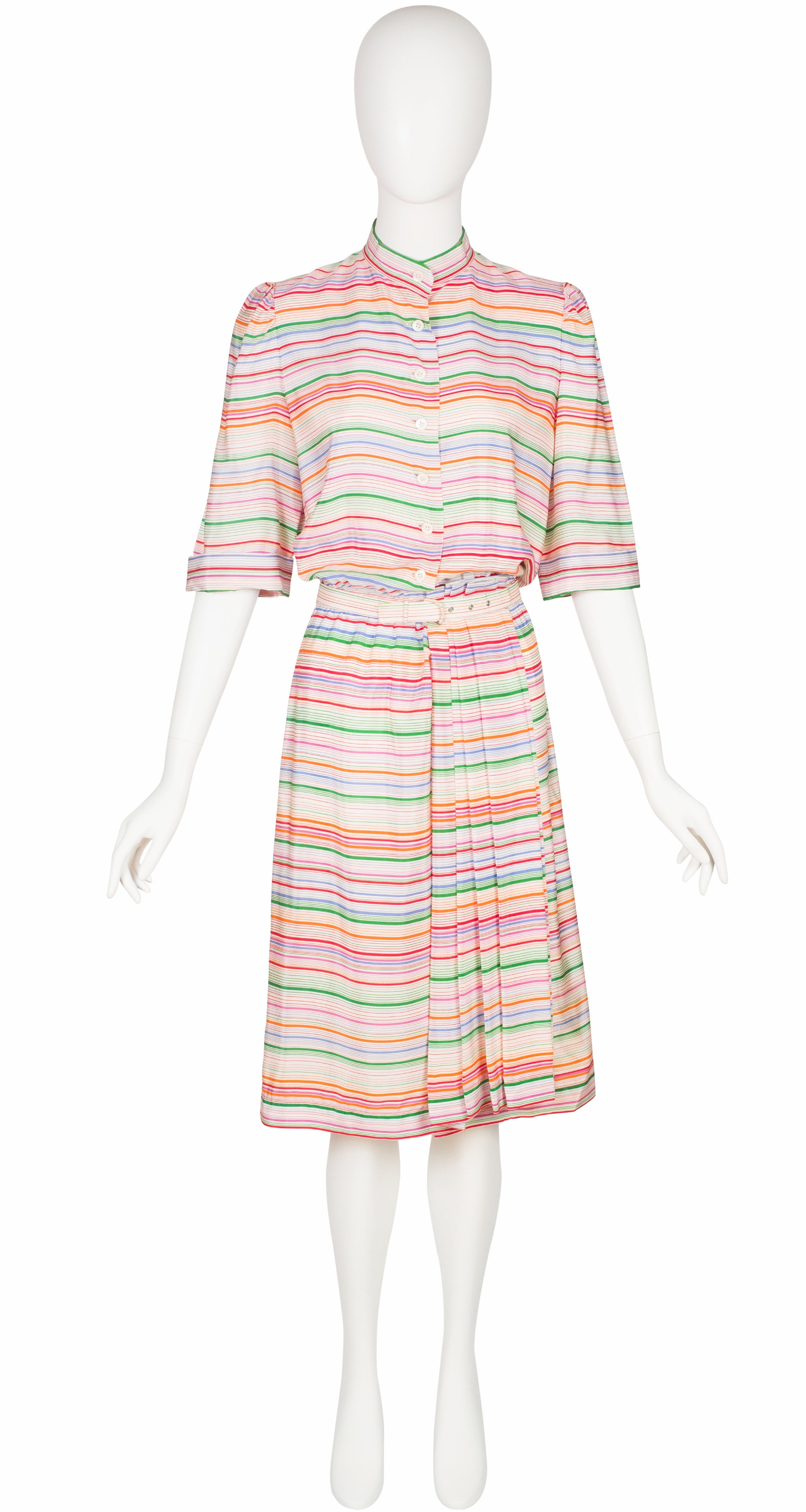 1970s Rainbow Striped Silk Pleated Shirt Dress