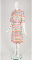 1970s Rainbow Striped Silk Pleated Shirt Dress