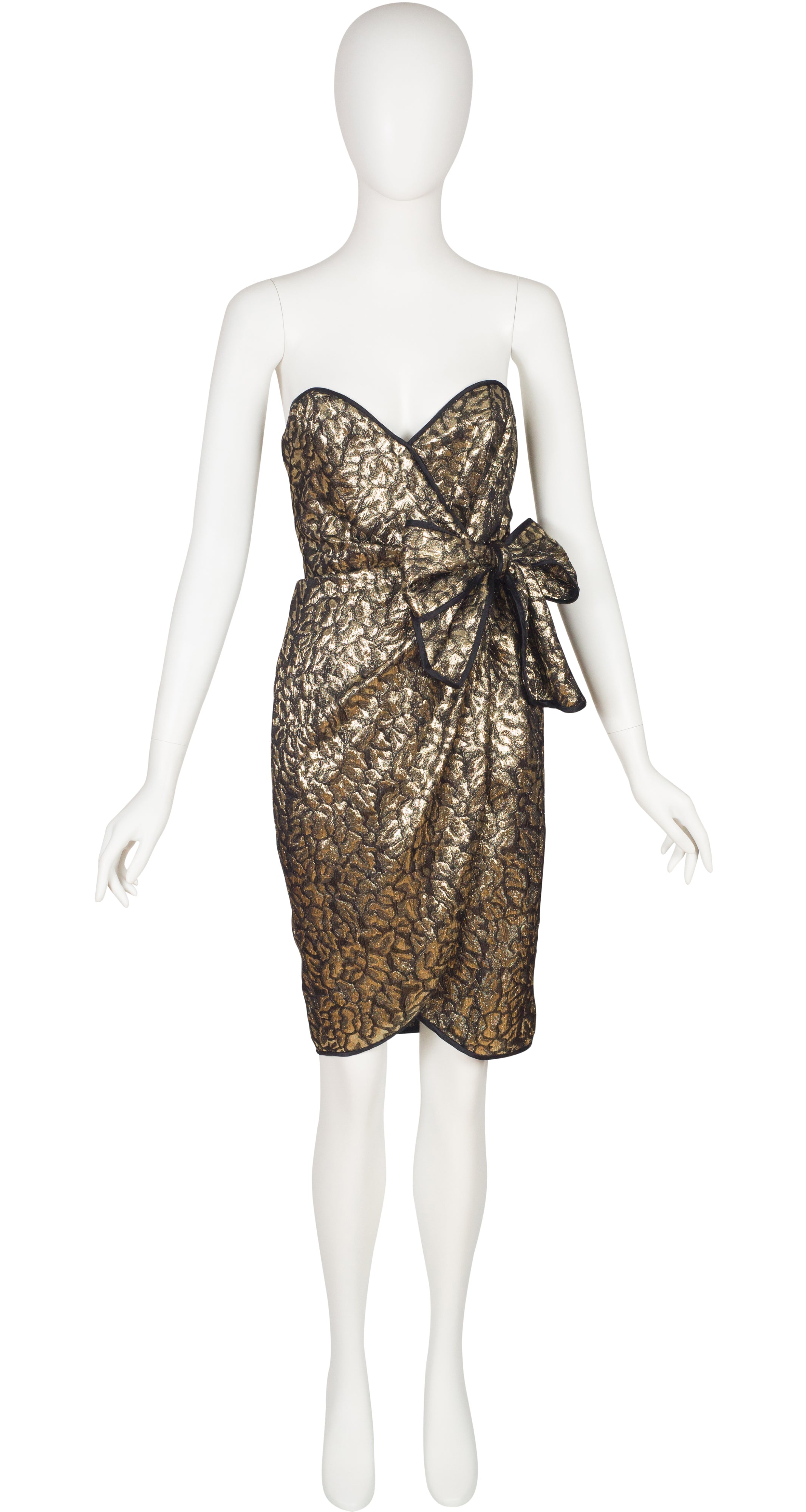 1980s Gold Metallic Brocade Strapless Cocktail Dress