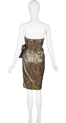 1980s Gold Metallic Brocade Strapless Cocktail Dress