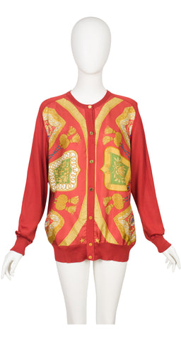 1980s Tassel Print Silk Twill & Knit Cardigan