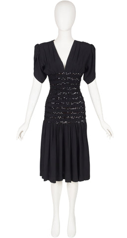 1983-84 F/W Smocked Sequin Black Crepe Cocktail Dress