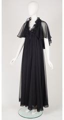 1970s Black Chiffon Ruffle Evening Gown