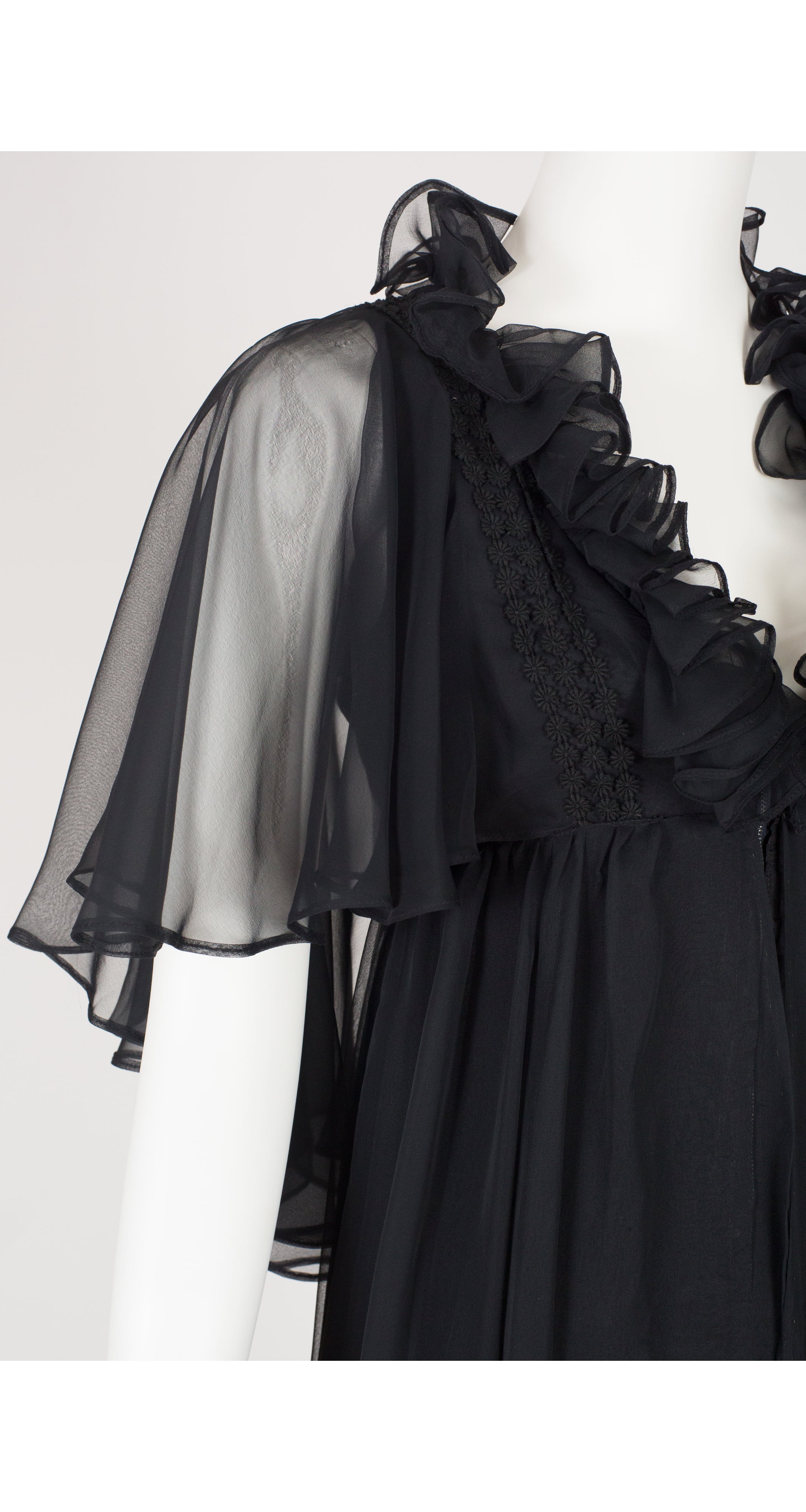 1970s Black Chiffon Ruffle Evening Gown