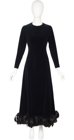 1970s Demi-Couture Black Velvet Feather Trim Evening Gown