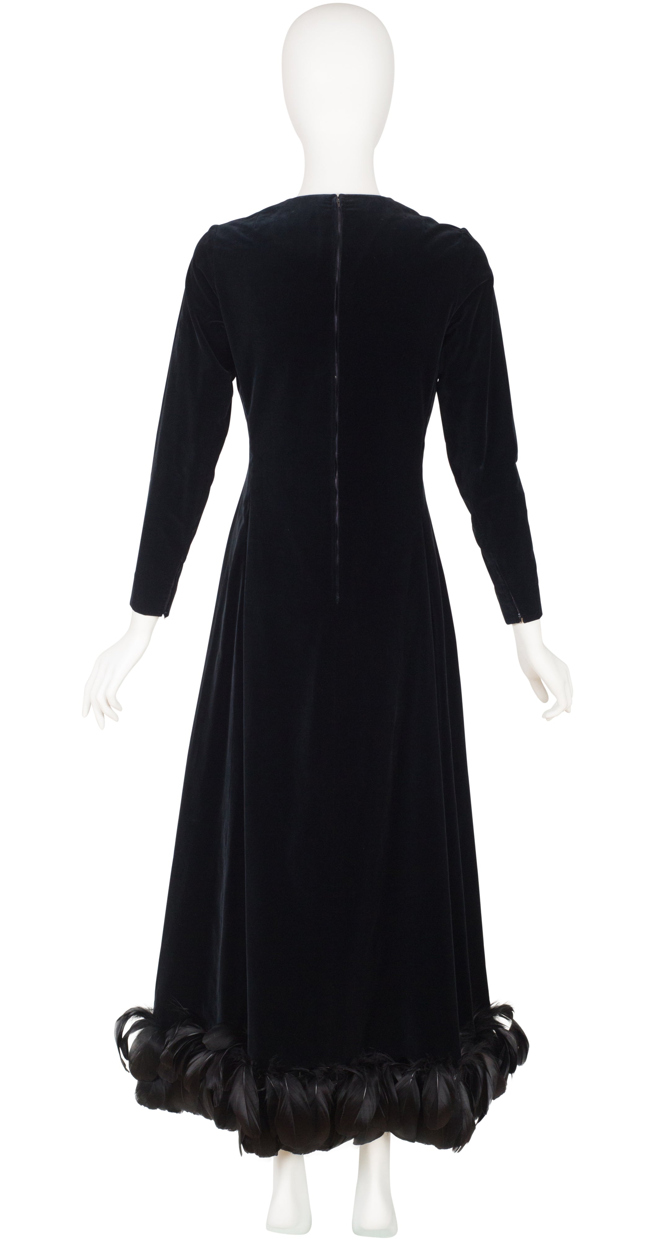 1970s Demi-Couture Black Velvet Feather Trim Evening Gown