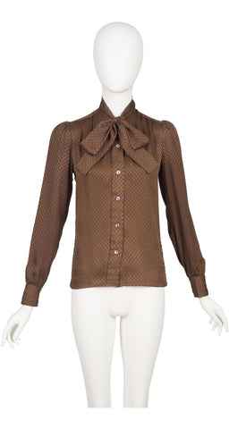 1970s Check Brown Silk Jacquard Tie-Neck Blouse
