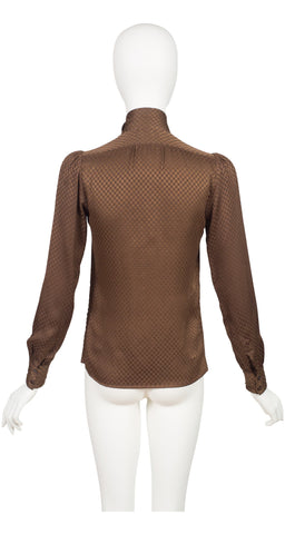 1970s Check Brown Silk Jacquard Tie-Neck Blouse
