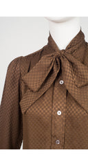 1970s Check Brown Silk Jacquard Tie-Neck Blouse