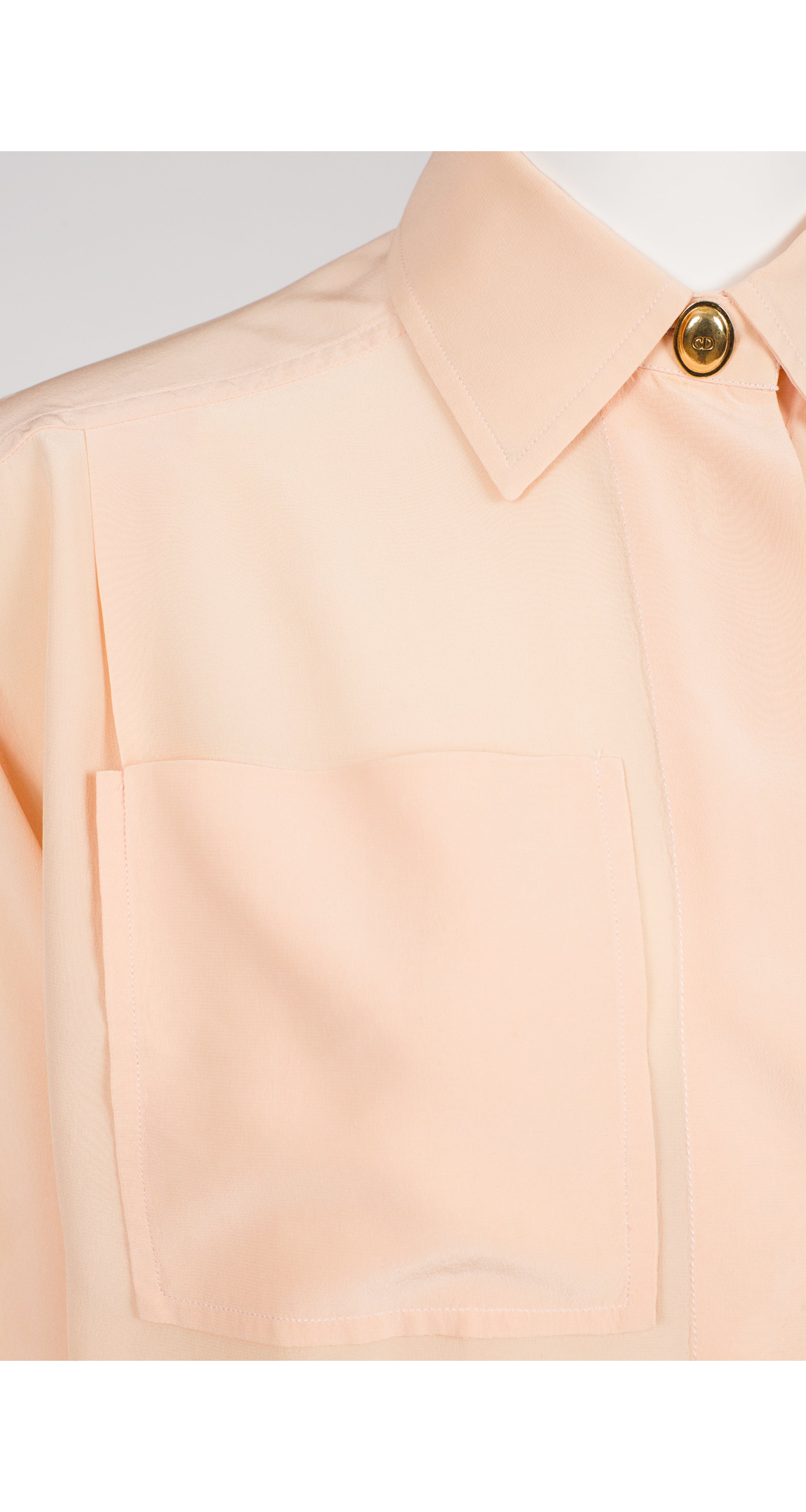 1980s Peach Silk Button-Up Collared Blouse