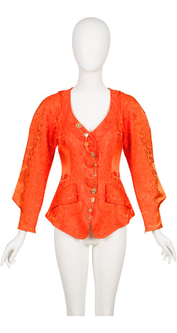 1990s Orange Silk Jacquard Gold Charm Jacket