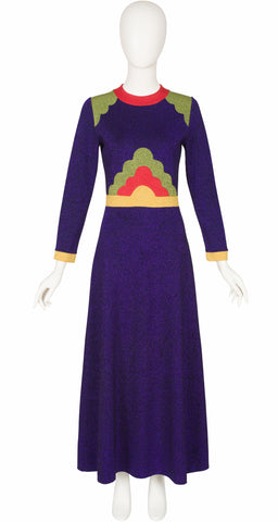 1970s Pop Art Purple Lurex Jersey Maxi Dress
