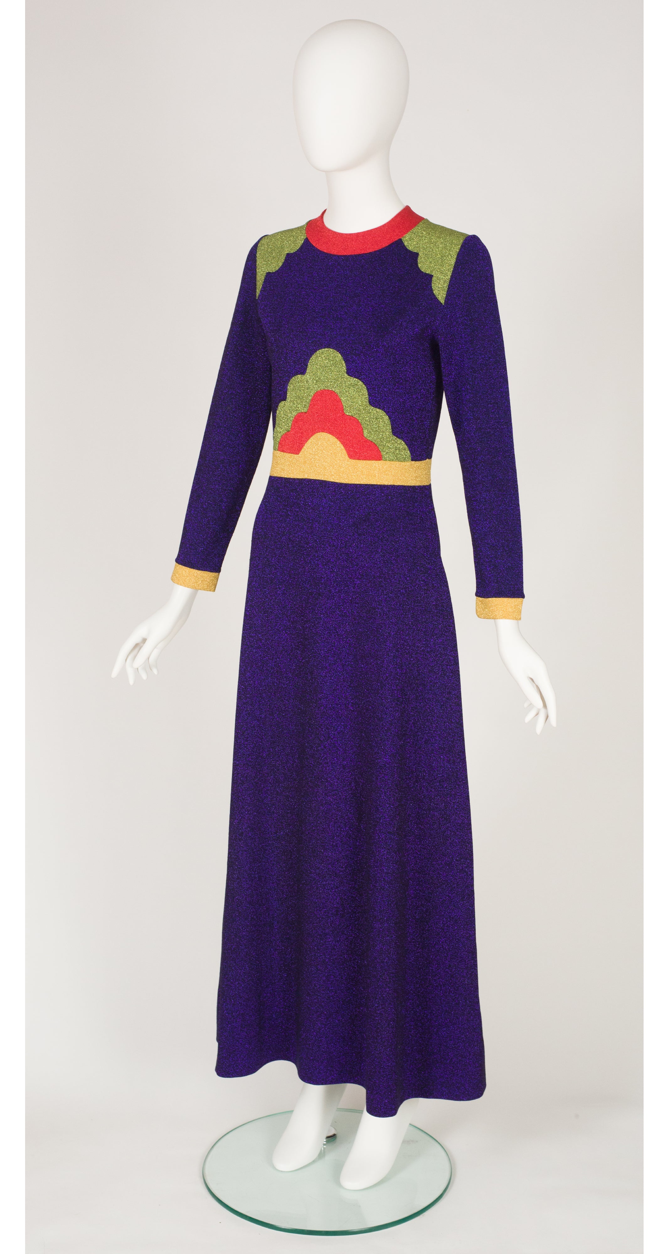 1970s Pop Art Purple Lurex Jersey Maxi Dress