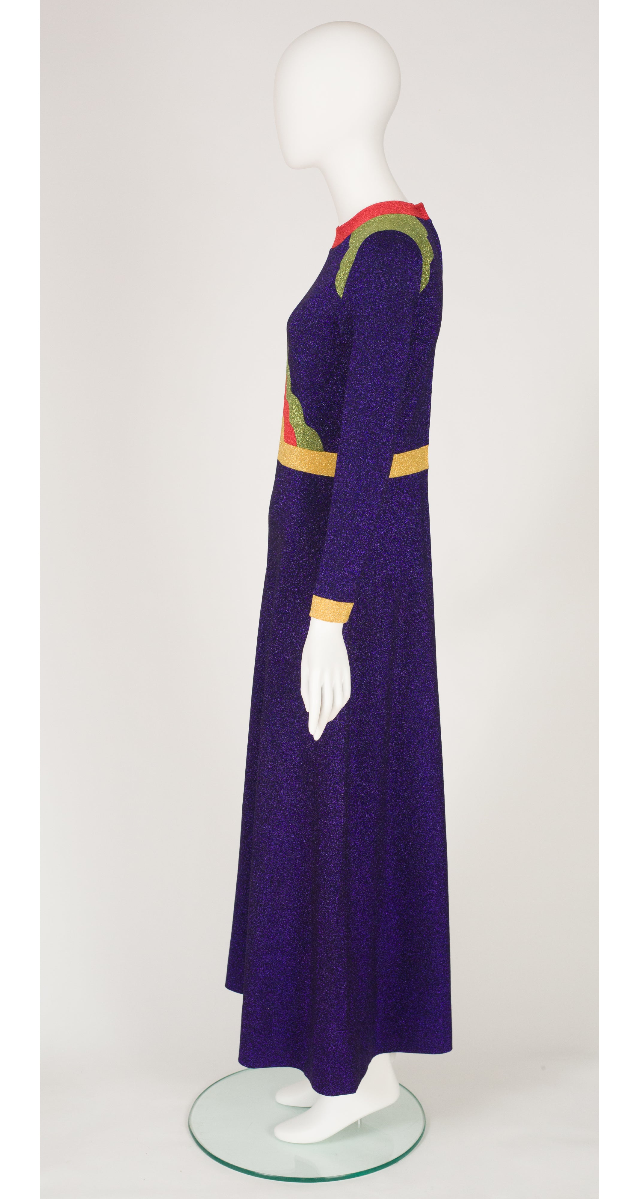 1970s Pop Art Purple Lurex Jersey Maxi Dress