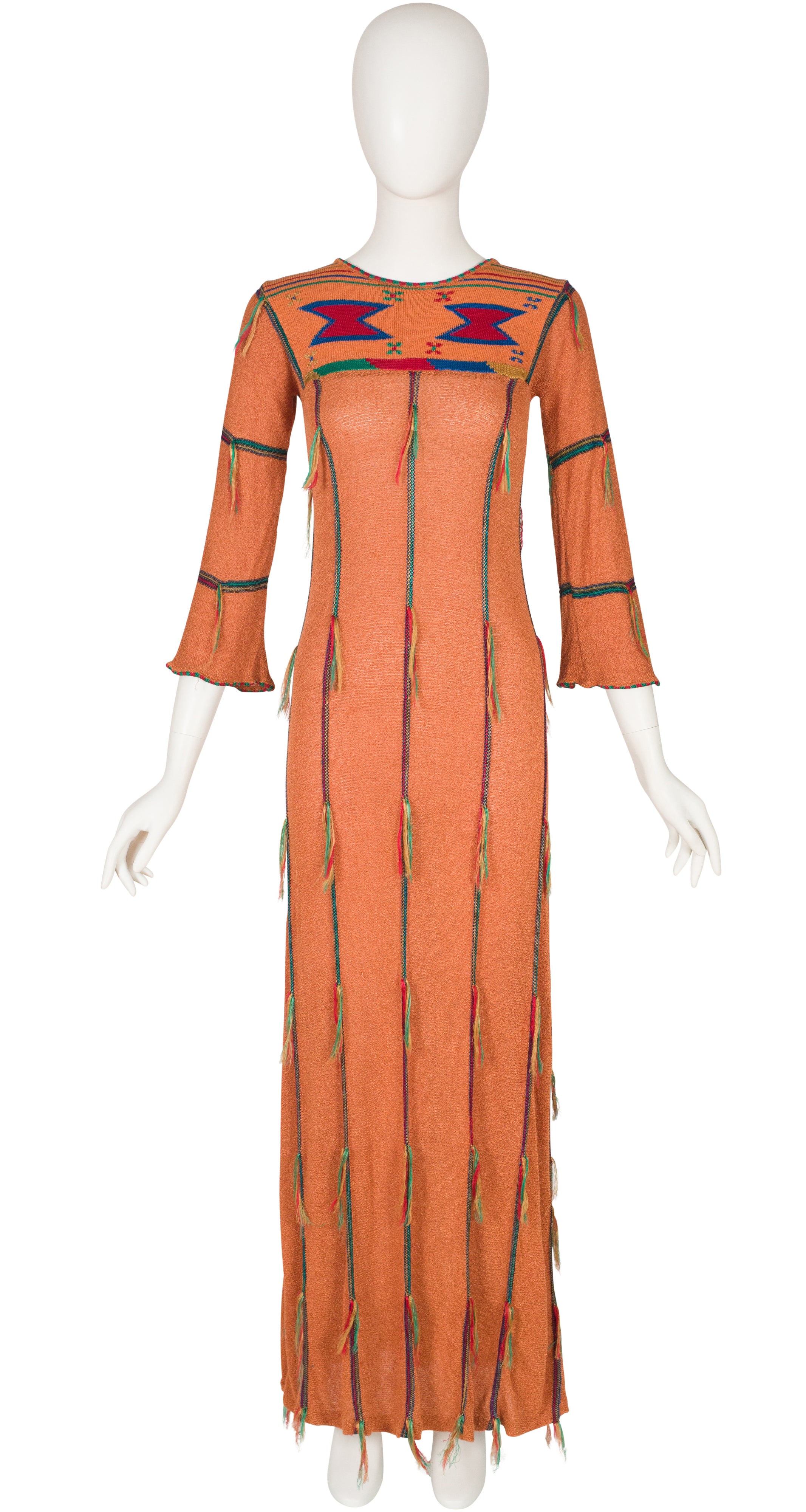 1970s Fringe Terracotta Intarsia Knit Maxi Dress