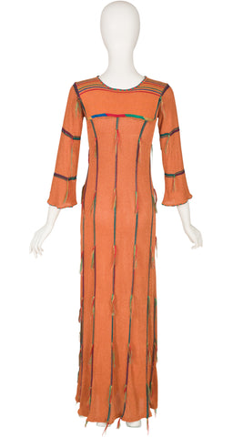 1970s Fringe Terracotta Intarsia Knit Maxi Dress