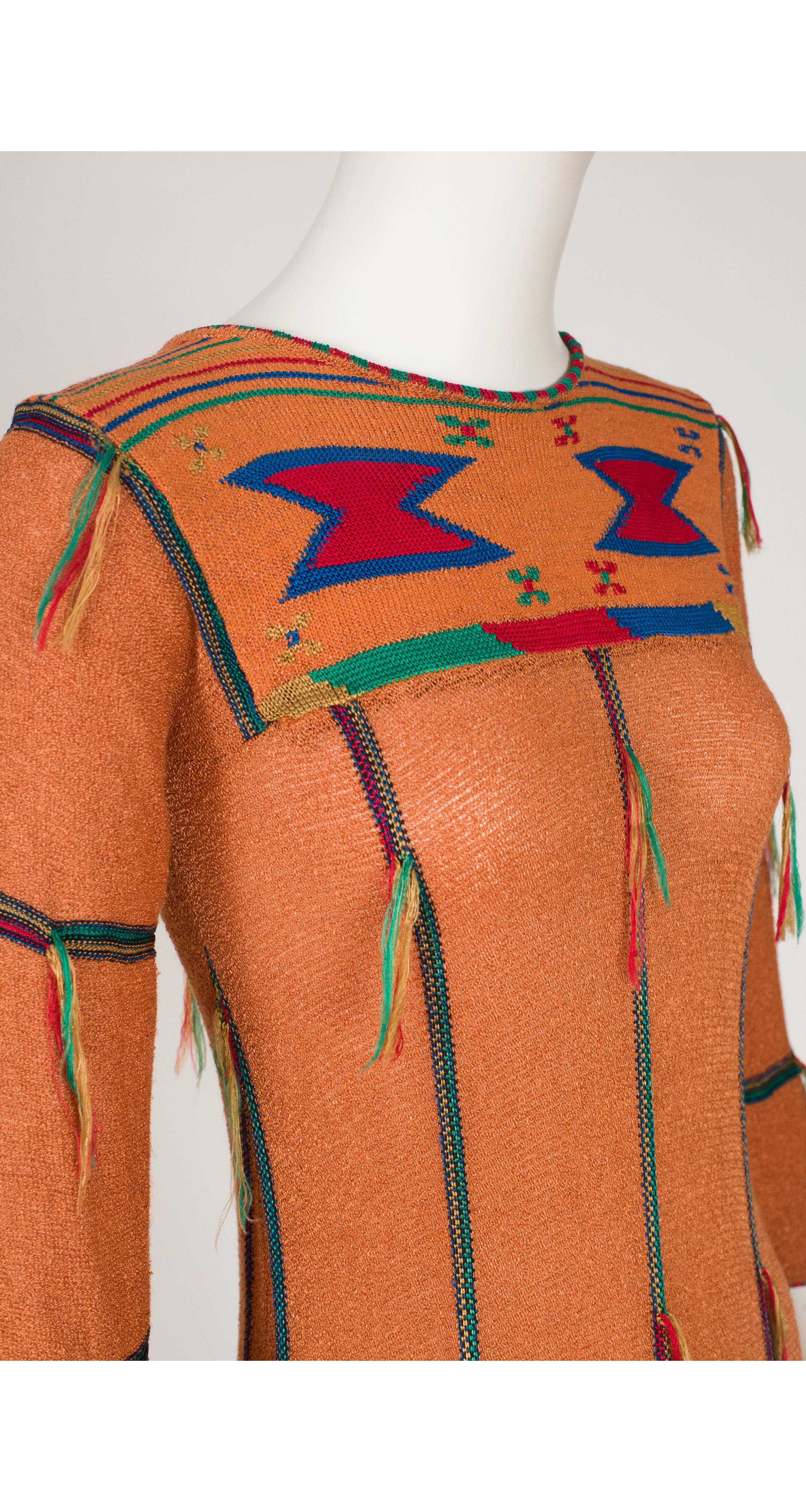 1970s Fringe Terracotta Intarsia Knit Maxi Dress