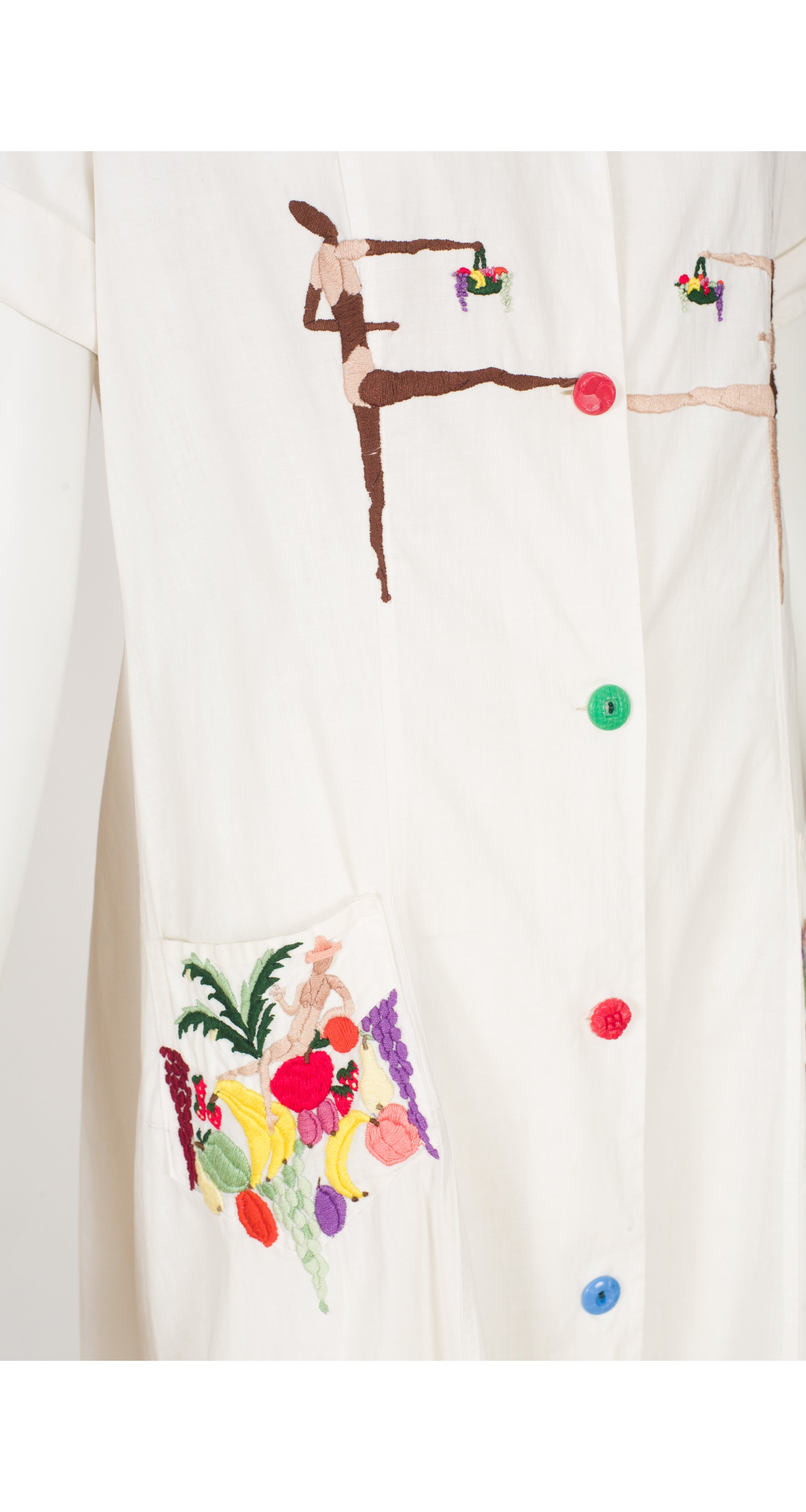 1930s Novelty Hand-Embroidered White Cotton Work Dress