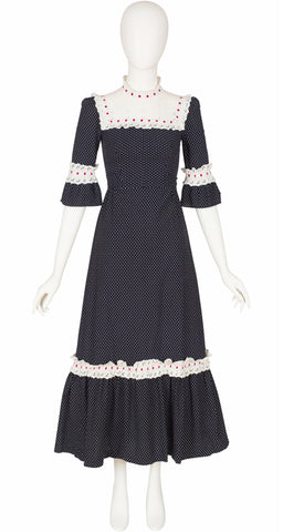 1970s Polka-Dot Cotton Eyelet Ruffle Prairie Dress